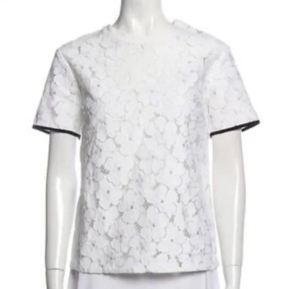 Sandro White Floral Lace Short Sleeve Top with Black Trim